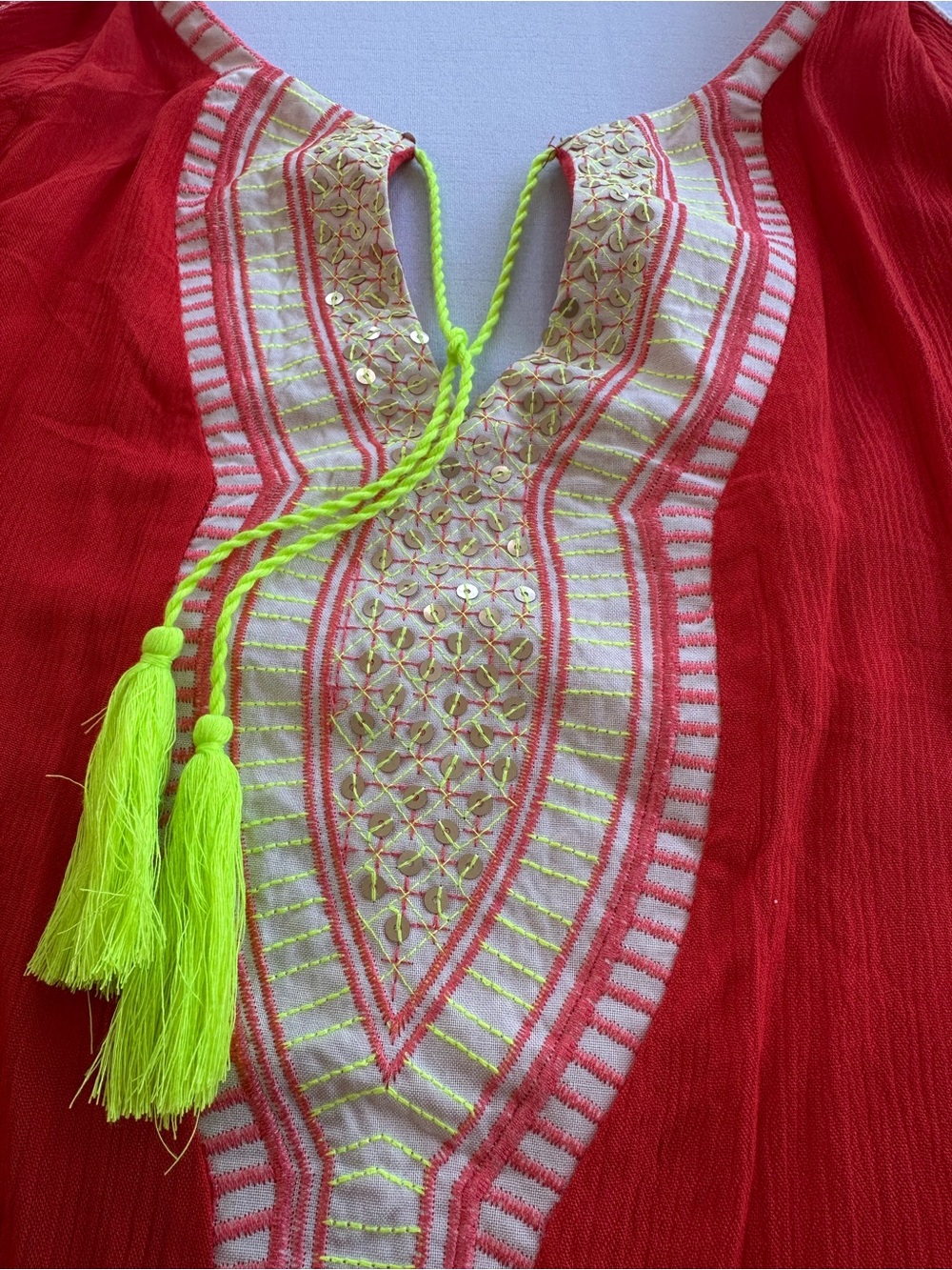 Red Embroidered V-Neck Halter Top with Neon Tassels cutout Sleeves Boho Chic NWT